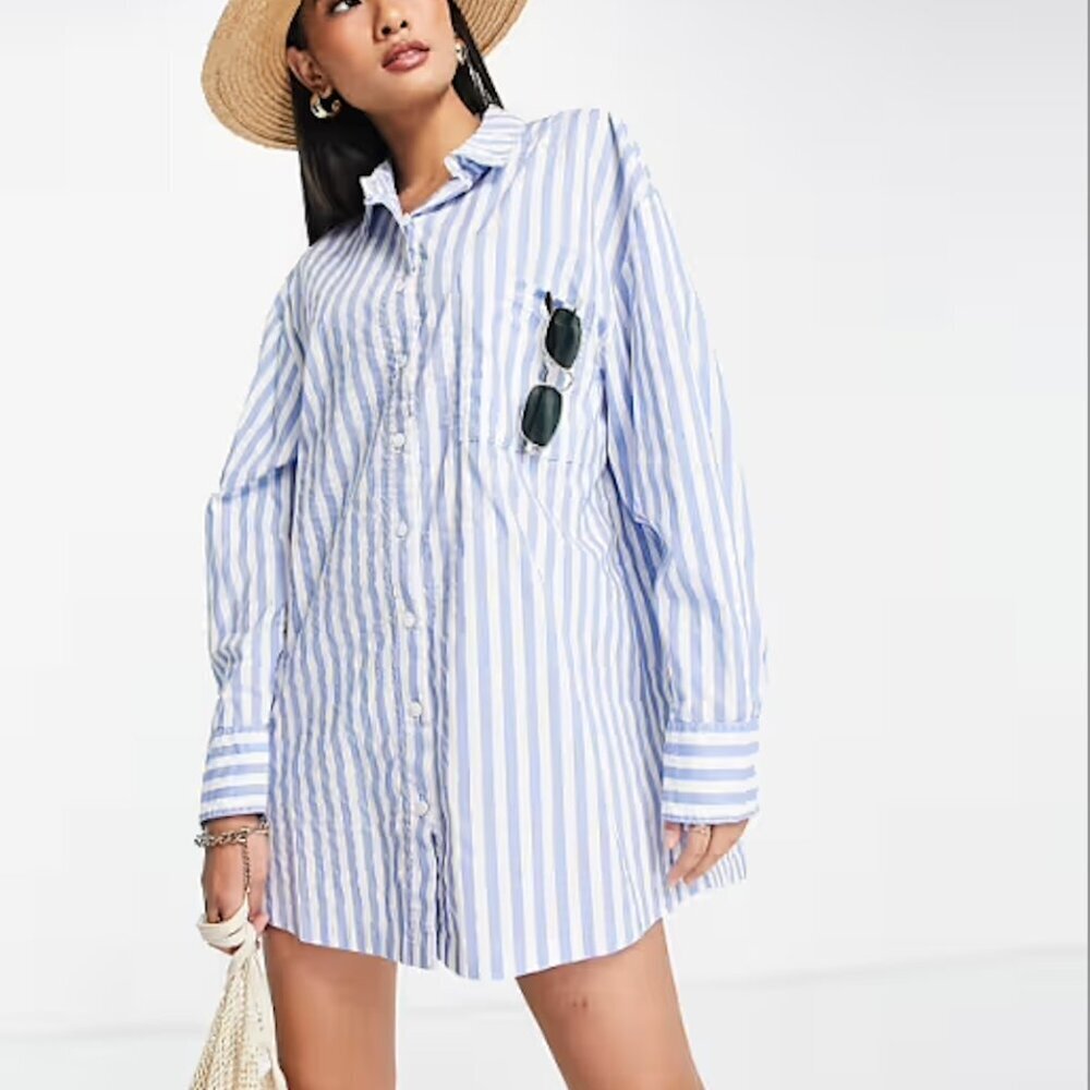 Rhythm Blue and White Striped Button-Up Tunic Length Sicily Shirt Size XS